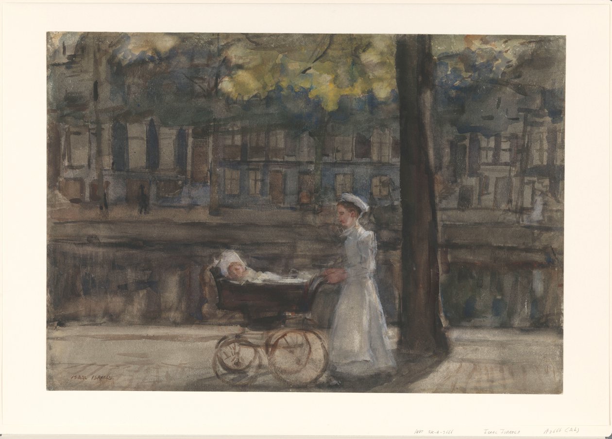Empregada com carrinho de bebê em Keizersgracht de Isaac Israels