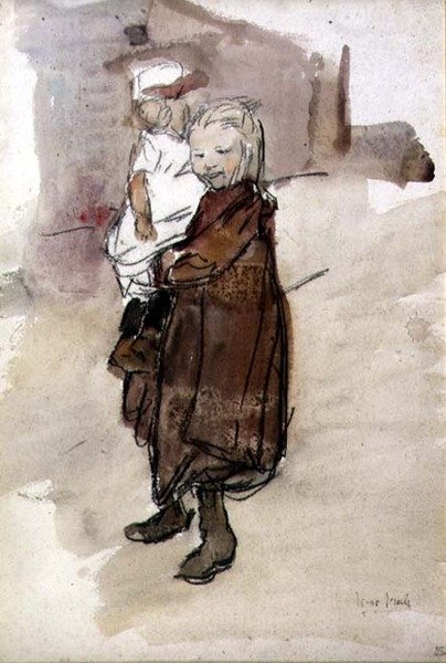 Menina e Criança (aguarela sobre papel) de Isaac Israels