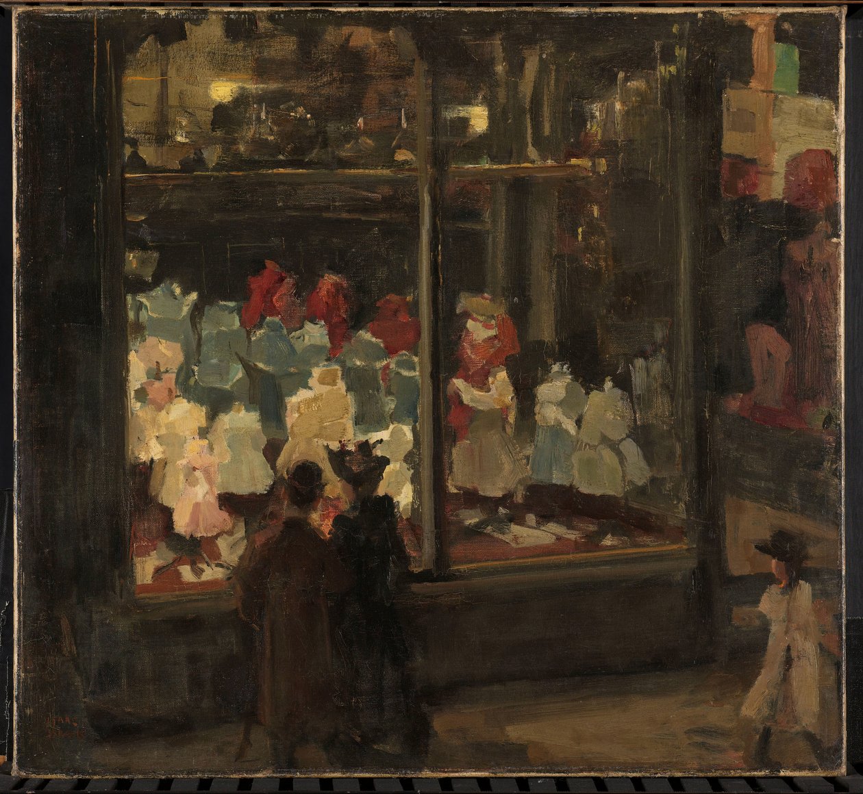 Vitrine Vitrine esquerda com alpendre de entrada afundado do armazém de moda Bahlmann & Co, Nieuwendijk 202, Amsterdã, à noite de Isaac Israels