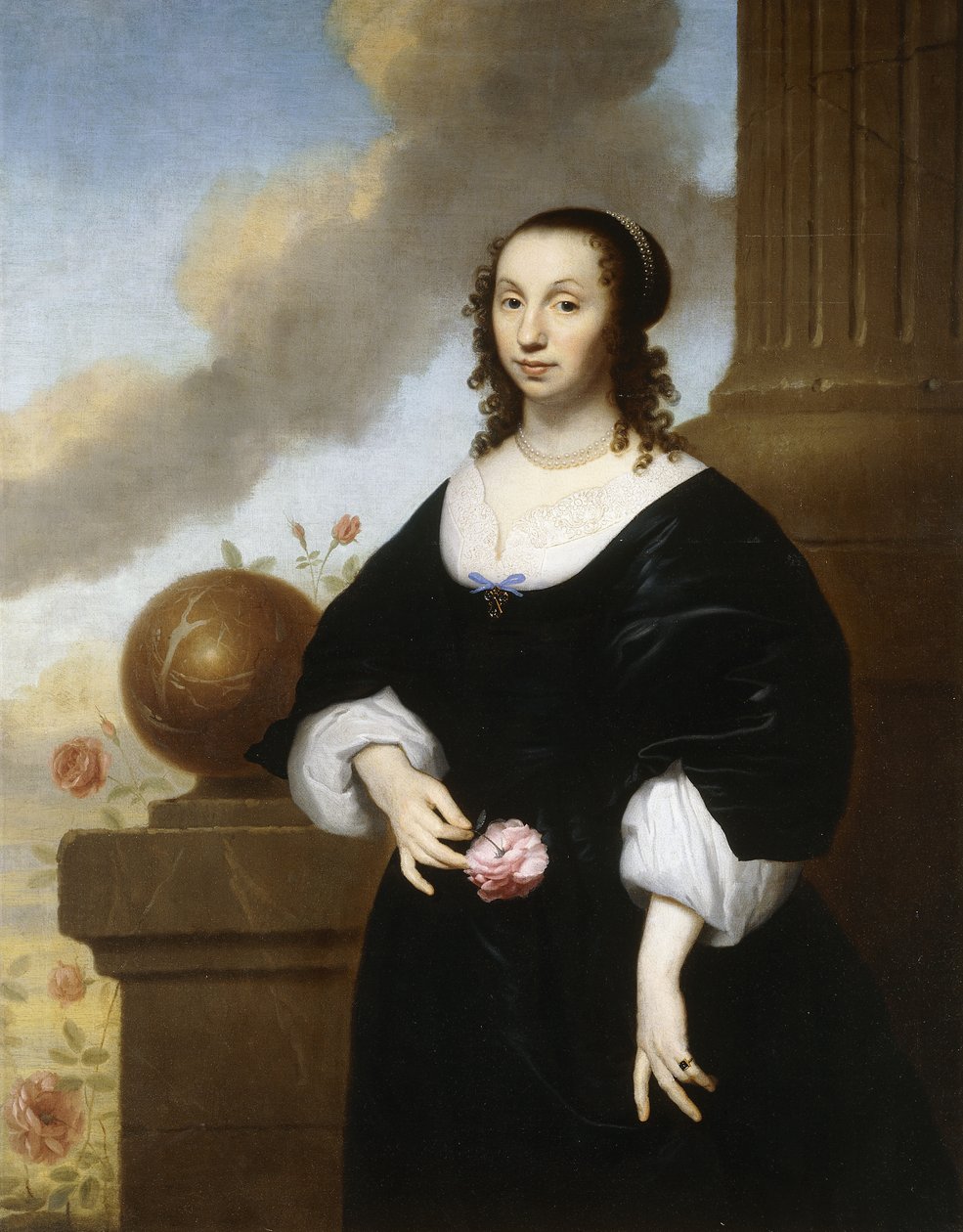 Retrato de uma senhora, de três quartos de comprimento, usando um vestido de cetim preto com guarnição de renda branca, de Isaac Luttichuys
