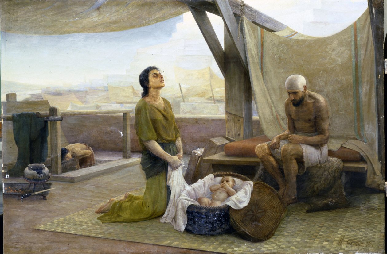 Os Pais de Moisés - Pintura de Isaac Lvovich Asknazy (1856-1902), óleo sobre tela (116x174) de Isaac Lvovich Asknazy