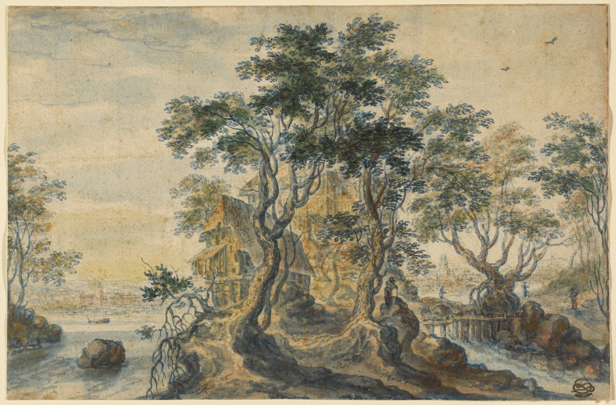 Paisagem fluvial com casa numa ilha rochosa de Isaac Major