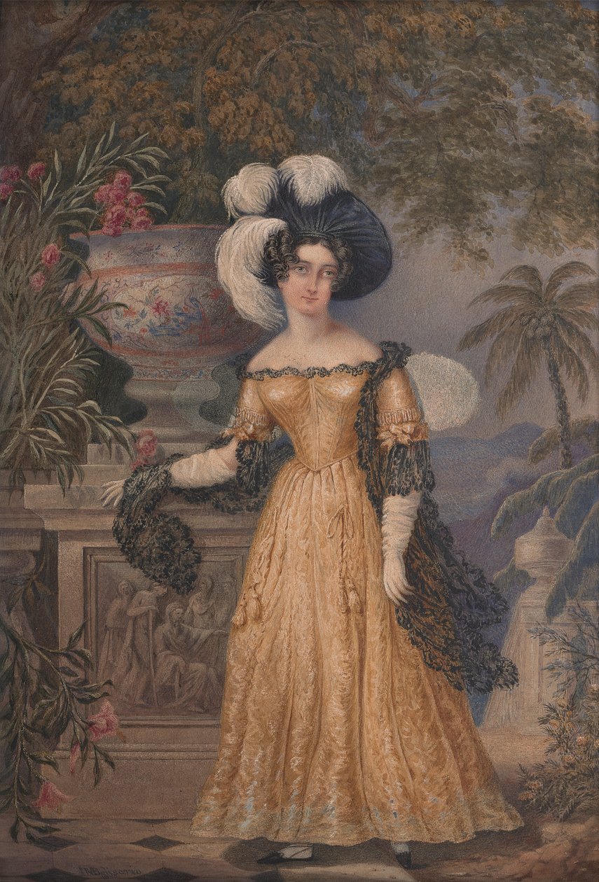 Lady Rowe, Standing Small Full Length on a Terrace, a Moonlit Jamaican Landscape beyond de Isaac Mendes Belisario