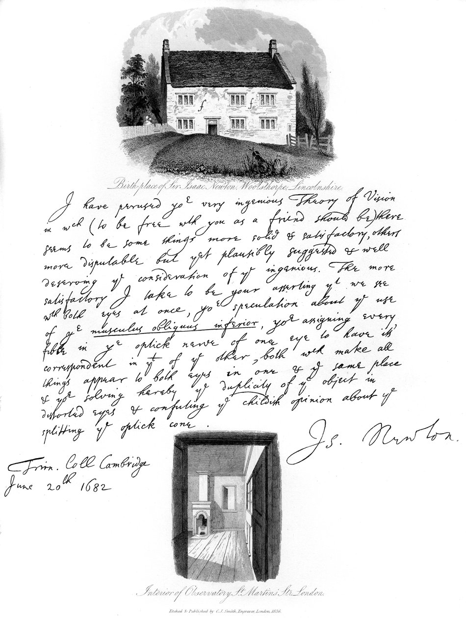 Uma carta de Isaac Newton e uma visão de seu local de nascimento em Woolsthorpe, Lincolnshire, 1682, 1840. de Isaac Newton