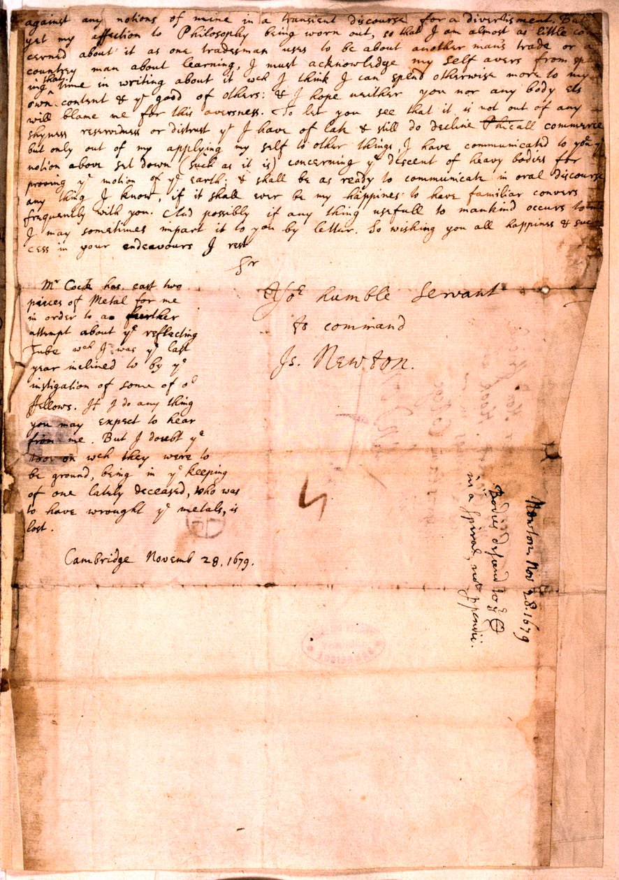Carta escrita por Isaac Newton, 28 de novembro de 1679 de Isaac Newton