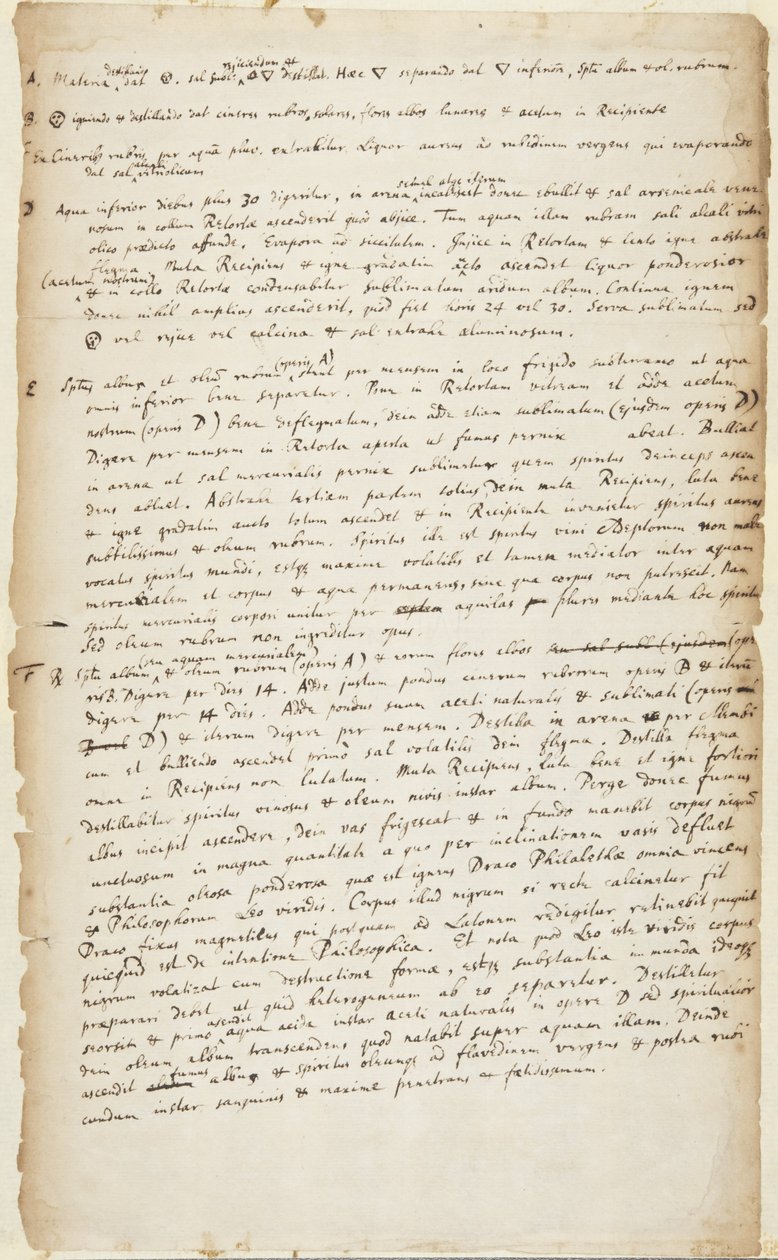 Registro de um experimento em seis etapas começando com destilação seguida de queima, destilação adicional, decocção, calcinação e sublimação, c.1700 de Isaac Newton
