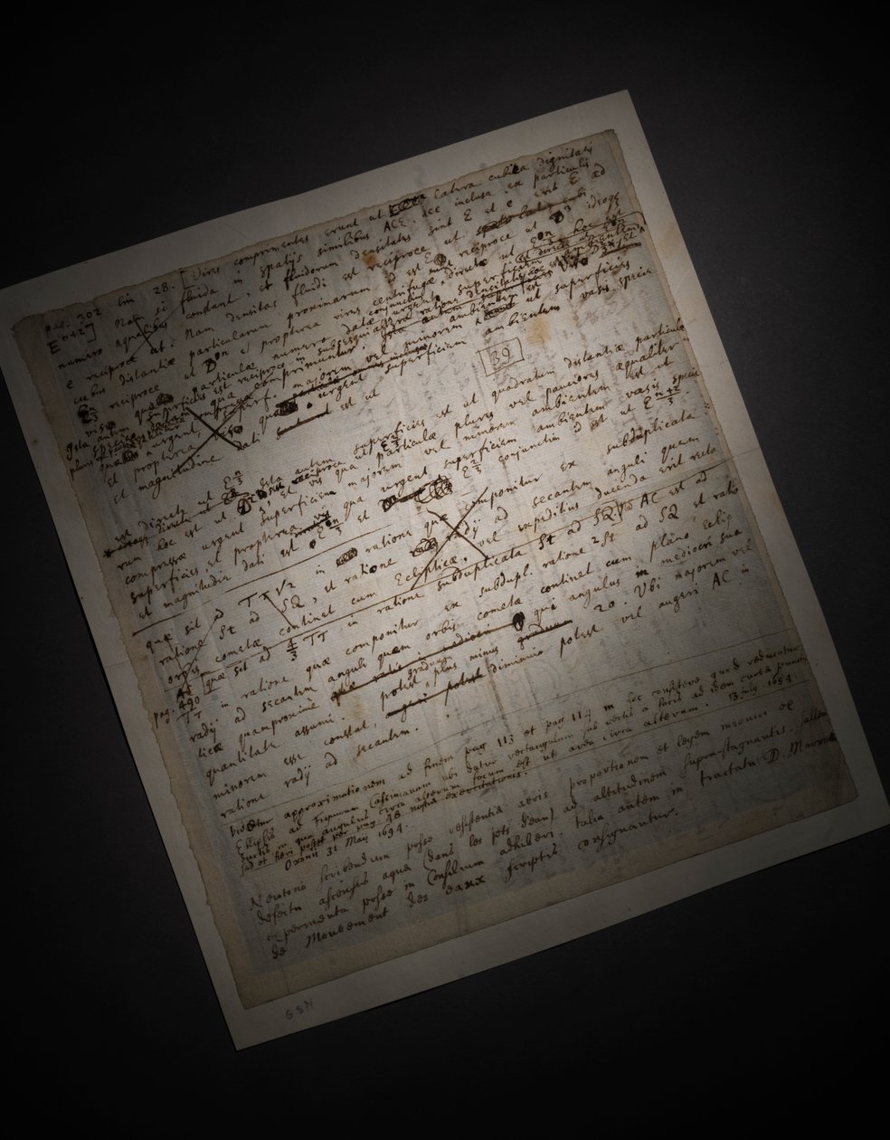 Duas páginas de revisões do Principia Mathematica de Isaac Newton
