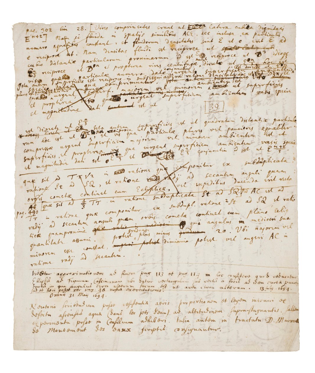 Duas páginas de revisões do Principia Mathematica de Isaac Newton