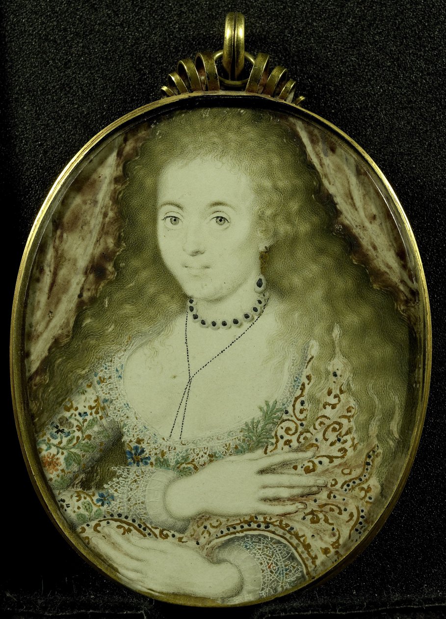Arabella Stuart, c.1590-1615 (pergaminho, ouro e vidro) de Isaac Oliver