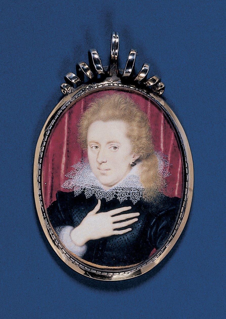 Miniatura do retrato de um jovem cavalheiro, c.1615 (aquarela sobre pergaminho colocada em cartão com moldura de prata dourada) de Isaac Oliver