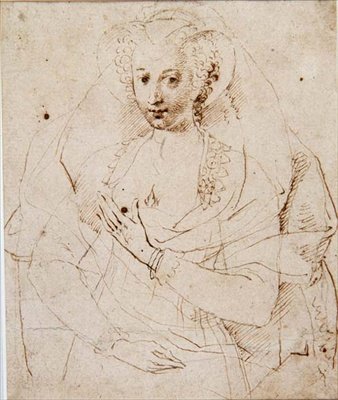Retrato de uma senhora desconhecida, formalmente chamada Lucy Harrington, condessa de Bedford, um esboço para uma miniatura (nº 3902), c.1605 (caneta e tinta, giz sobre papel) (ver também 58811) de Isaac Oliver