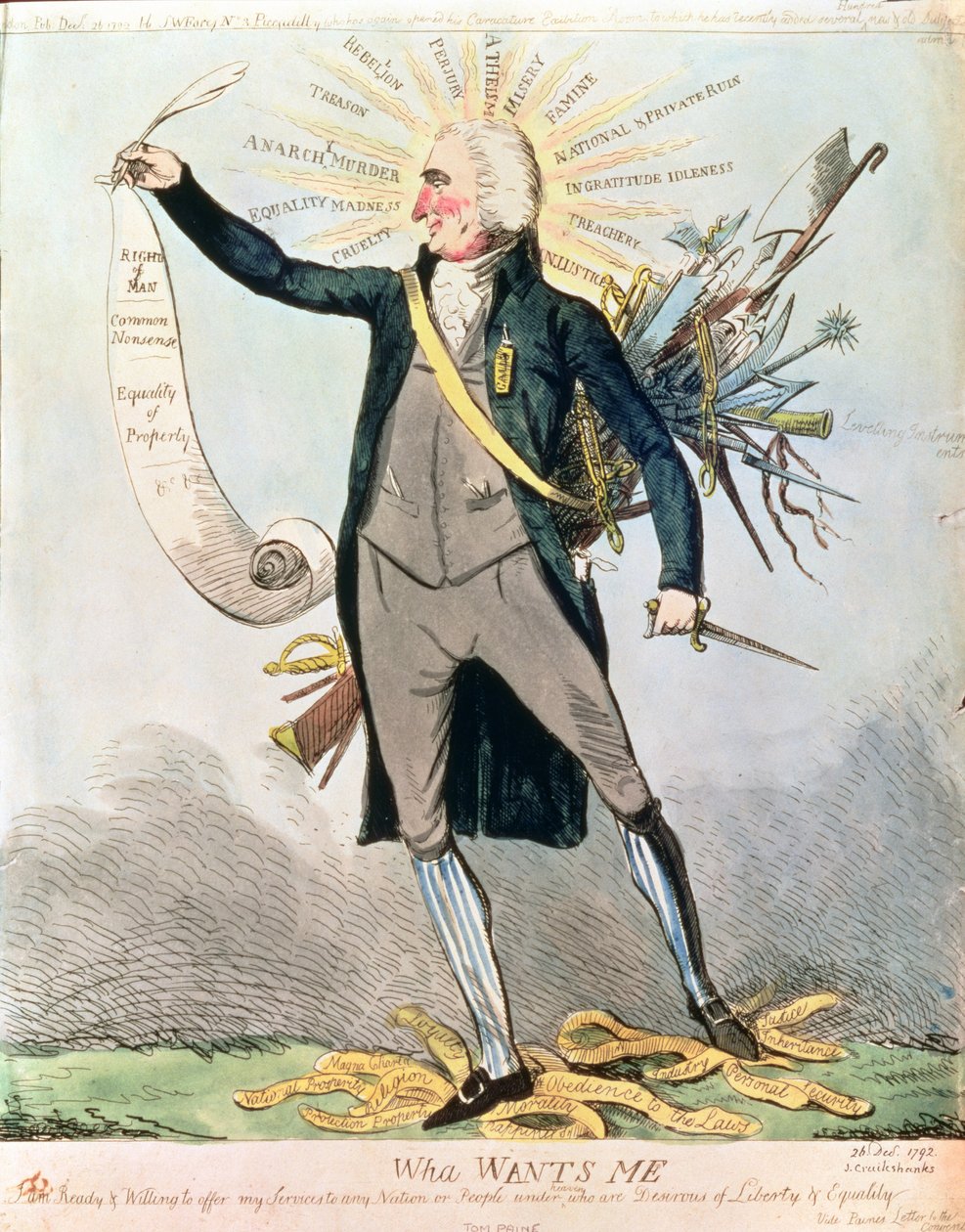 "Wha Wants Me", caricatura de Tom Paine e os Direitos do Homem, por Isaac Cruikshank (1756-1811/16) de Isaac Robert (after) Cruikshank