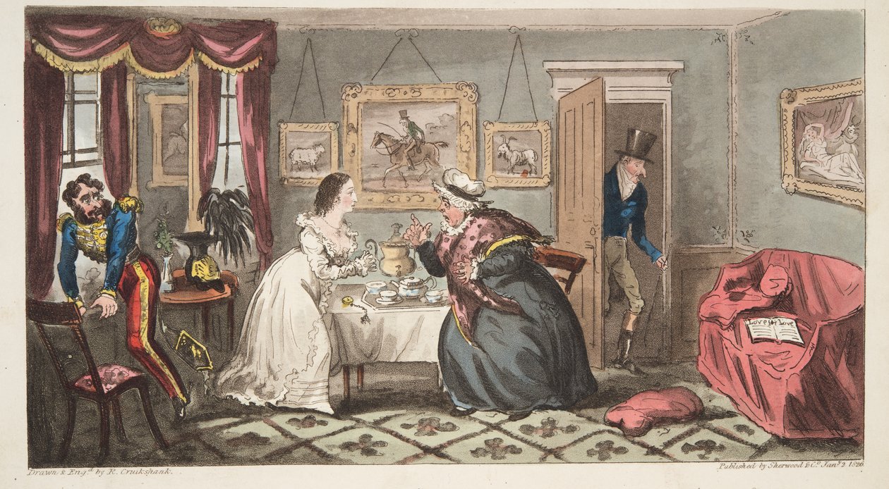 A Bath Beau e Frail Belle ou o Sr. B. e a Srta. L., do The English Spy, pub. 1824 (gravura colorida à mão) de Isaac Robert Cruikshank