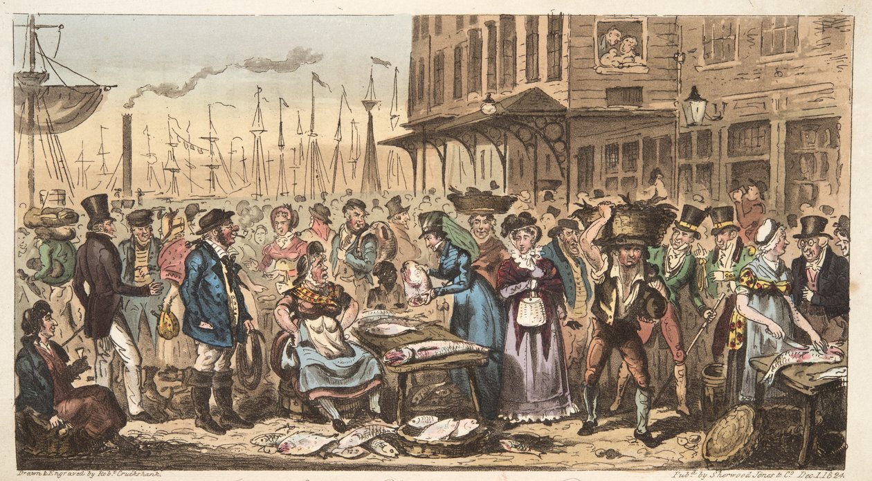 Uma brincadeira em High Life, ou uma visita a Billingsgate, do The English Spy, pub. 1824 (gravura colorida à mão) de Isaac Robert Cruikshank