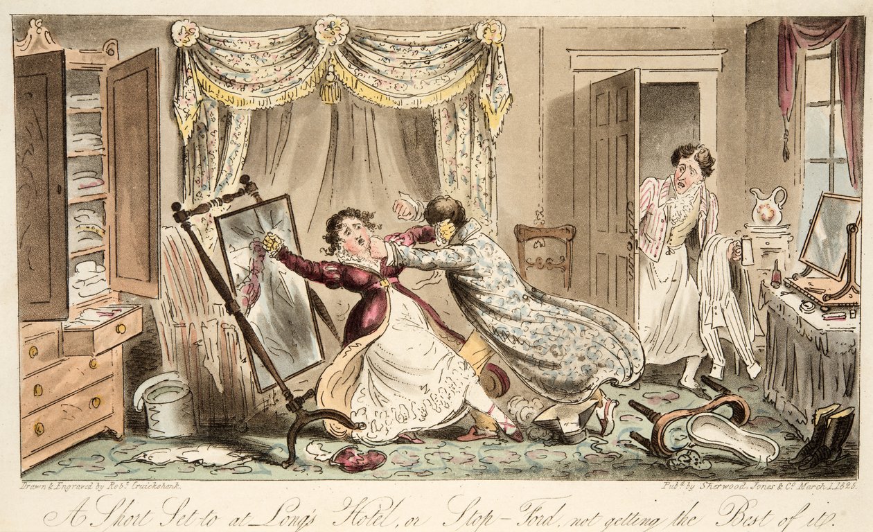 Um pequeno conjunto no Longs Hotel ou Stop-Ford, não obtendo o melhor dele, do The English Spy, pub. 1824 (gravura colorida à mão) de Isaac Robert Cruikshank