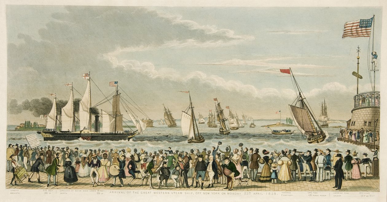 Chegada do Great Western Steam Ship, em Nova York na segunda-feira, 23 de abril de 1838, pub. 1842 (gravura colorida à mão) de Isaac Robert Cruikshank