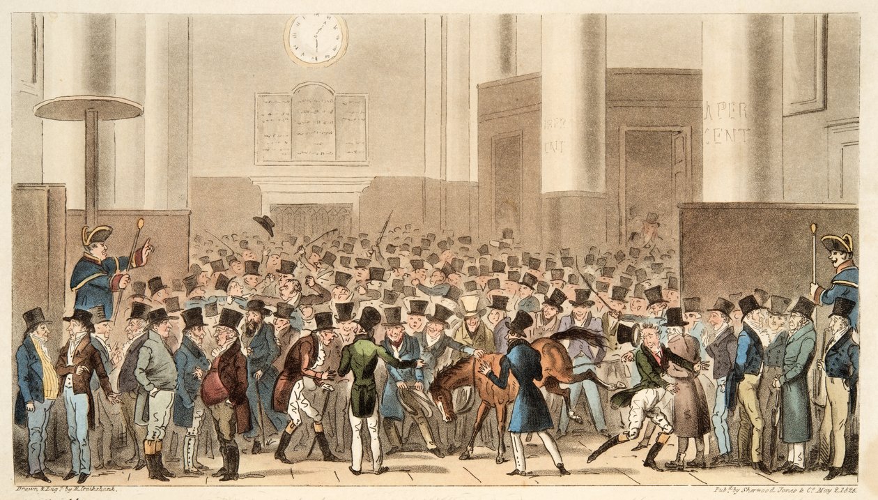 Bulls e Bears em High Bustle, ou Billy Wrights Poney fez um membro da Bolsa de Valores, do The English Spy, pub. 1824 (gravura colorida à mão) de Isaac Robert Cruikshank