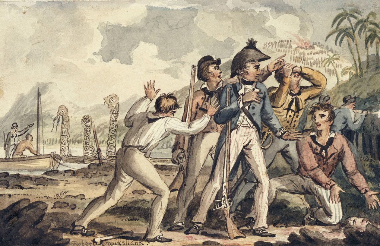 Capitão Burney descobrindo seus companheiros de navio assassinados ", das viagens do capitão Cook de Isaac Robert Cruikshank