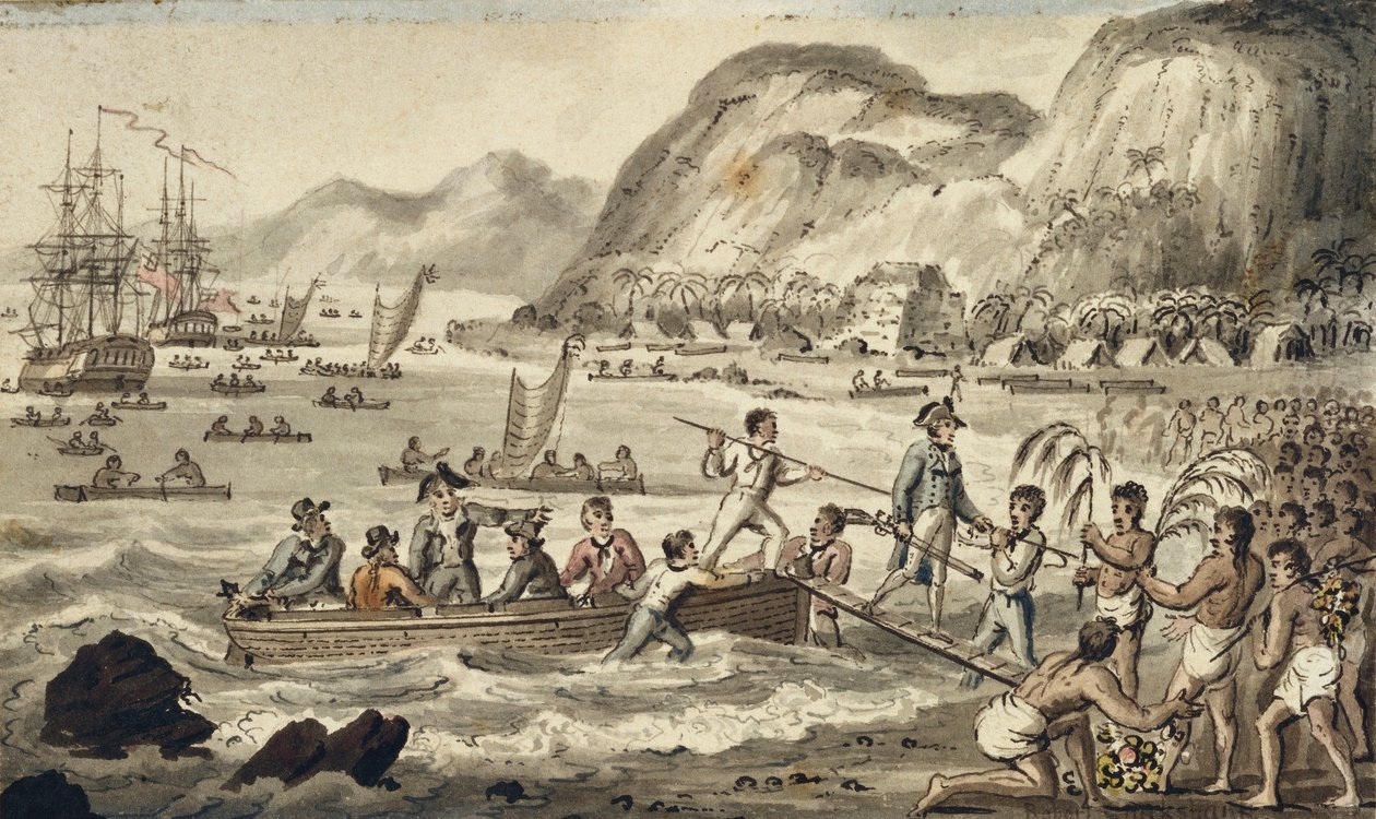 Captain Cook Landing in Owyhee, ilustração de "The Voyages of Captain Cook" de Isaac Robert Cruikshank