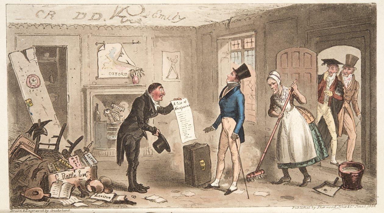 College Comforts, um calouro tomando posse de seus quartos, do The English Spy, pub. 1824 (gravura colorida à mão) de Isaac Robert Cruikshank
