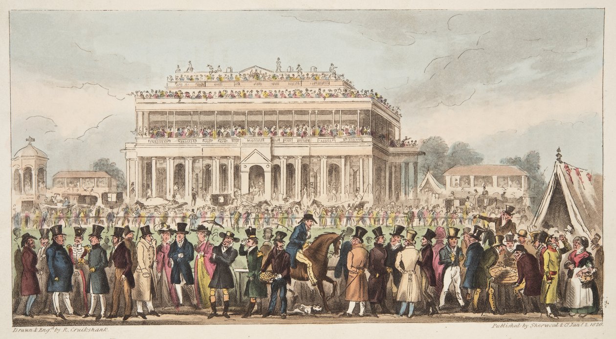 Curso de corrida de Doncaster durante a Grande Corrida de St. Leger, 1824, do The English Spy, pub. 1824 (gravura colorida à mão) de Isaac Robert Cruikshank