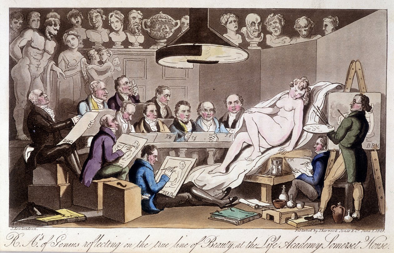 Aula de desenho para adultos. Em "The English Spy", de Charles Molloy Westmacott. Desenho de Robert Guikshand de Isaac Robert Cruikshank