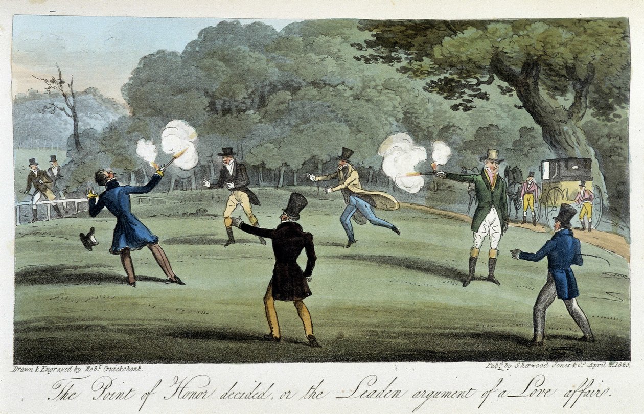 Duelo com uma pistola por uma questão de coração - em "The english spy" de Charles Molloy Westmacott, doente. por Robert Cruikshank, Londres de Isaac Robert Cruikshank