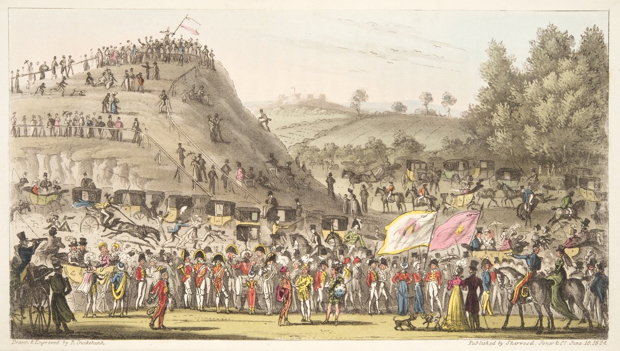 Eton Montem, e o Monte, Salt Hill, do The English Spy, pub. 1824 (gravura colorida à mão) de Isaac Robert Cruikshank