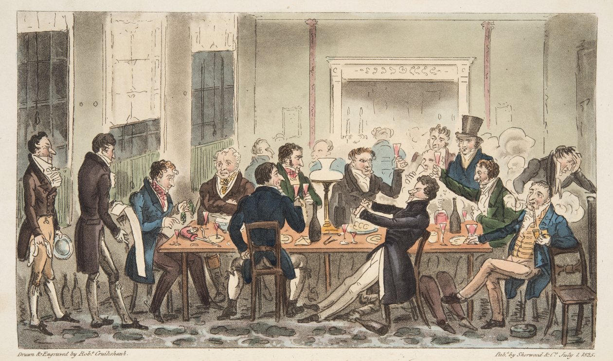 Evening and in High Spirits, uma cena no Longs Hotel, Bond Street, do The English Spy, pub. 1824 (gravura colorida à mão) de Isaac Robert Cruikshank