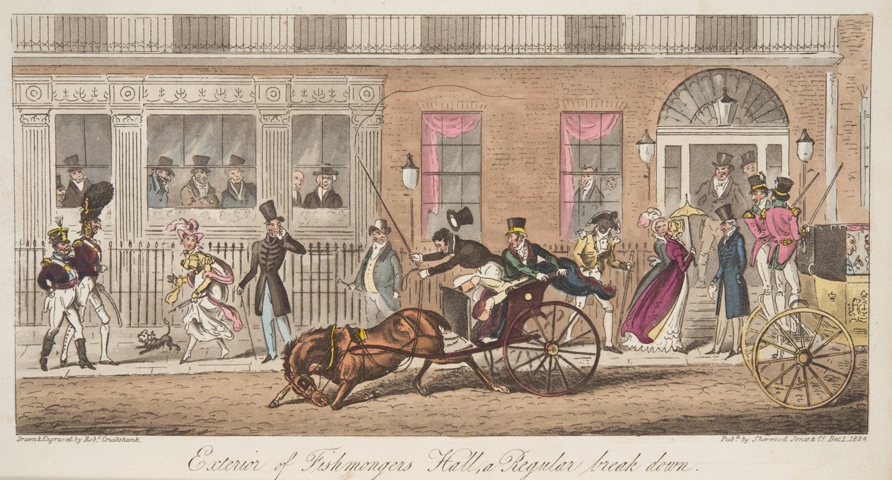 Exterior do Fishmongers Hall, St. James Street, com vista para um colapso regular, do The English Spy, pub. 1824 (gravura colorida à mão) de Isaac Robert Cruikshank