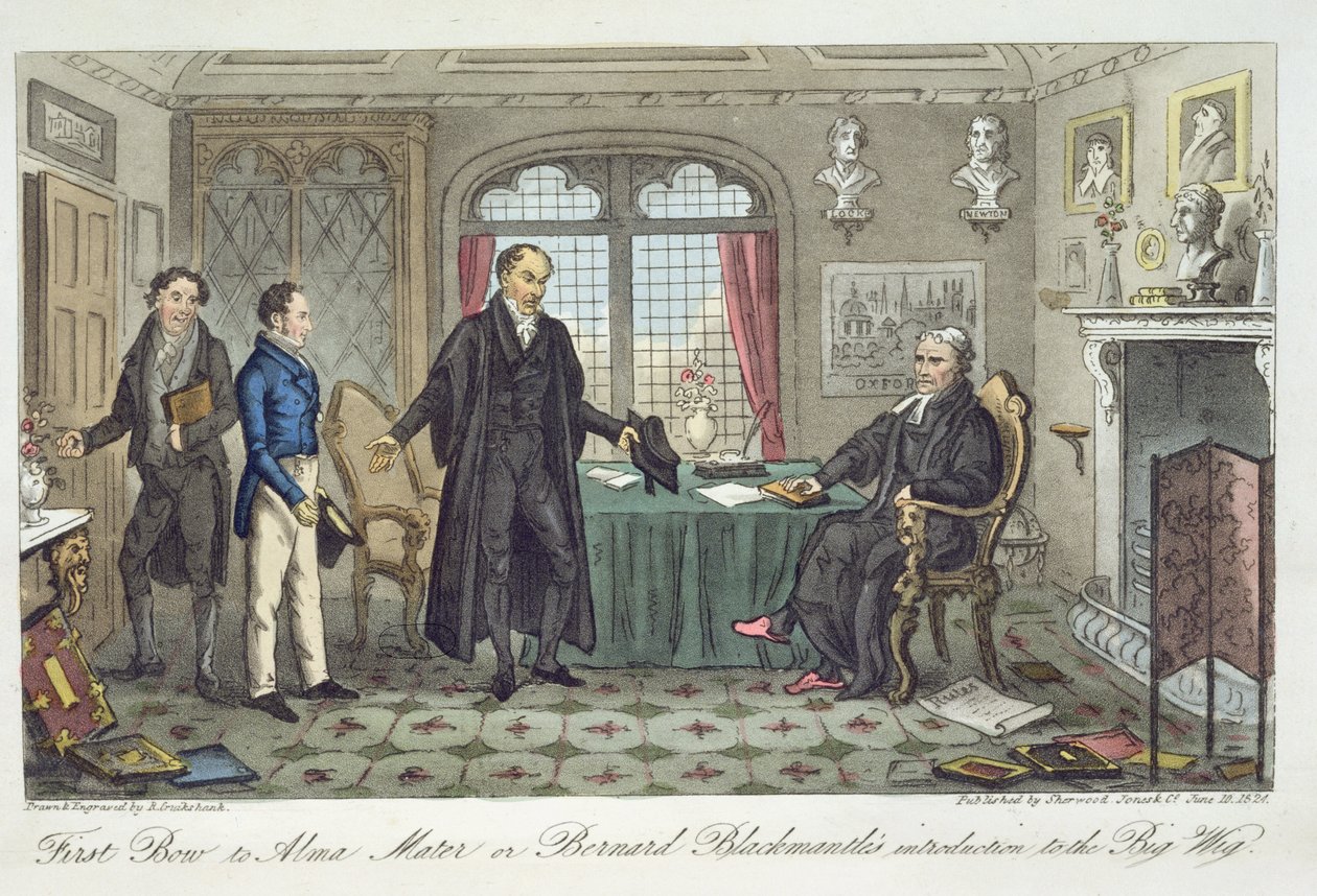 Primeiro Arco para Alma Mater, ou a introdução de Bernard Blackmantle à Grande Peruca, de &39;The English Spy&39;, de Charles Molloy Westmacott (1788-1868), publicado em Londres, 1825 de Isaac Robert Cruikshank