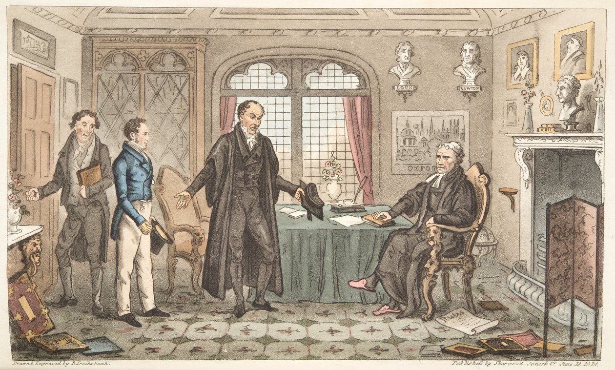 Primeiro Arco a Alma Mater, ou Bernard Blackmantles introdução à Grande Peruca, de The English Spy, publicado em Londres, 1824 (gravura colorida à mão) de Isaac Robert Cruikshank