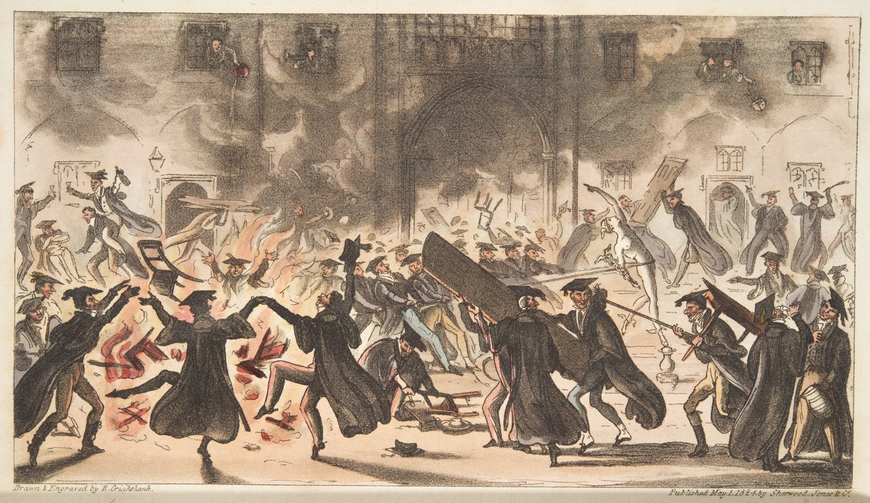 Pavimentação de Mercúrio, ou o Burning of the Oaks, do The English Spy, pub. 1824 (gravura colorida à mão) de Isaac Robert Cruikshank