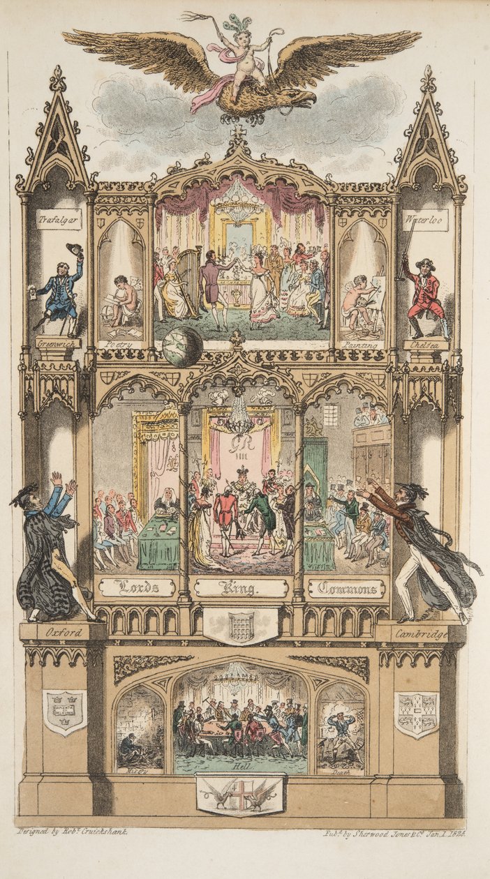 Frontispício, do espião inglês, bar. 1824 (gravura colorida à mão) de Isaac Robert Cruikshank