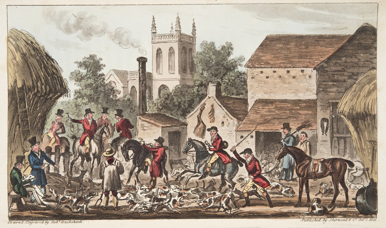 Saindo; Uma visão de Berkeley Hunt Kennel, do The English Spy publicado em 1824, (gravura colorida à mão) de Isaac Robert Cruikshank