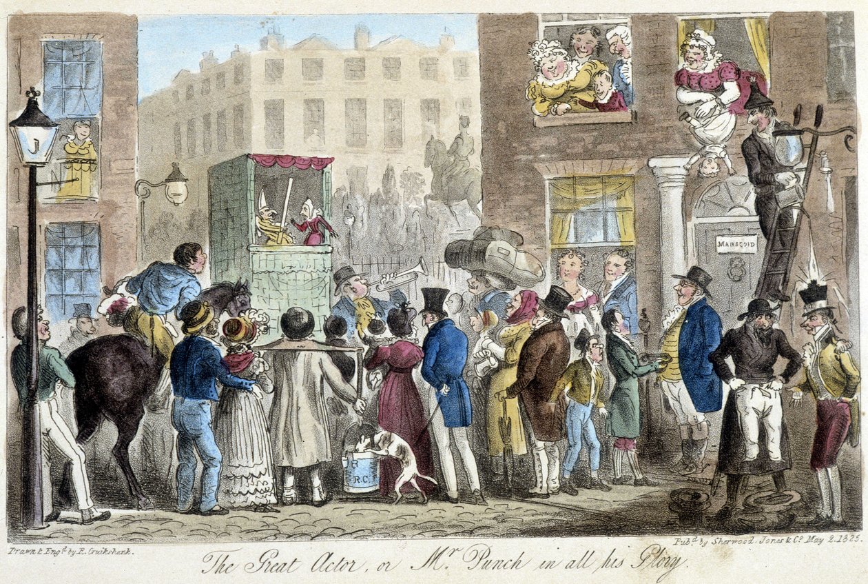 Guignol nas ruas de Londres - em "The English spy" de C. Molloy Westmacott, doente. de Robert Gruikshand, Sherwood, Londres de Isaac Robert Cruikshank