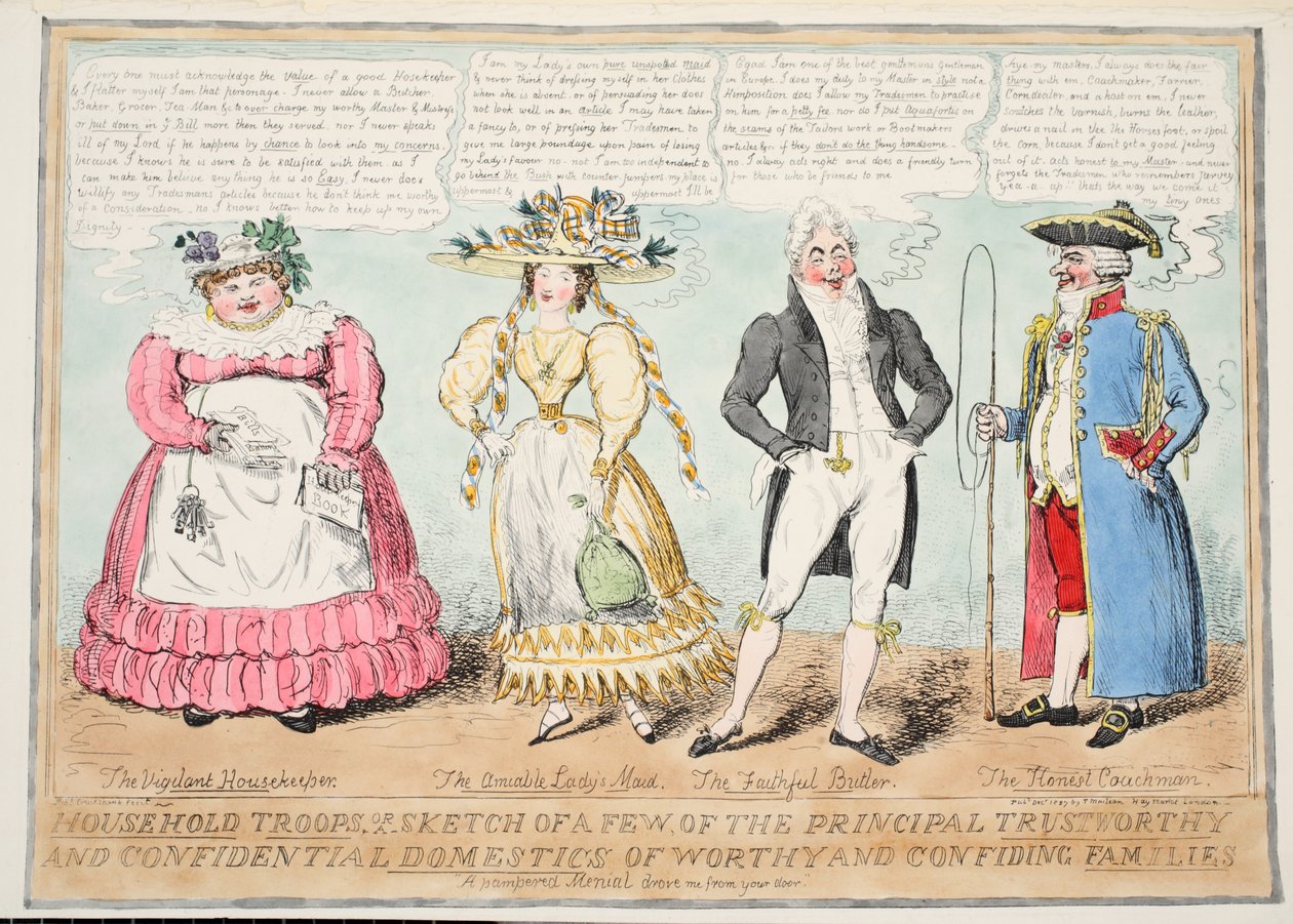 Tropas domésticas, ou um esboço de alguns dos principais Domésticos Confiáveis Confiáveis de Dignos e Famílias Confiantes, 1827 (gravura colorida à mão) de Isaac Robert Cruikshank
