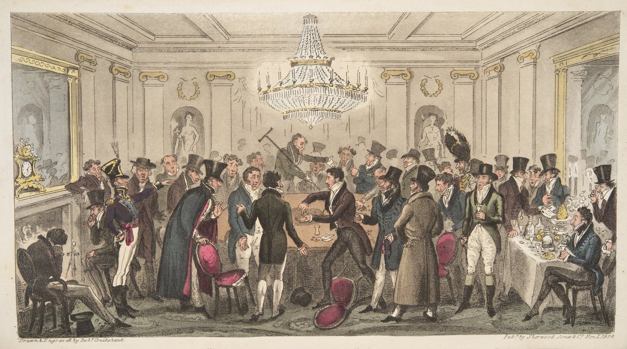 Interior de um inferno moderno - vide. The Cogged Dice, do The English Spy, pub. 1824 (gravura colorida à mão) de Isaac Robert Cruikshank