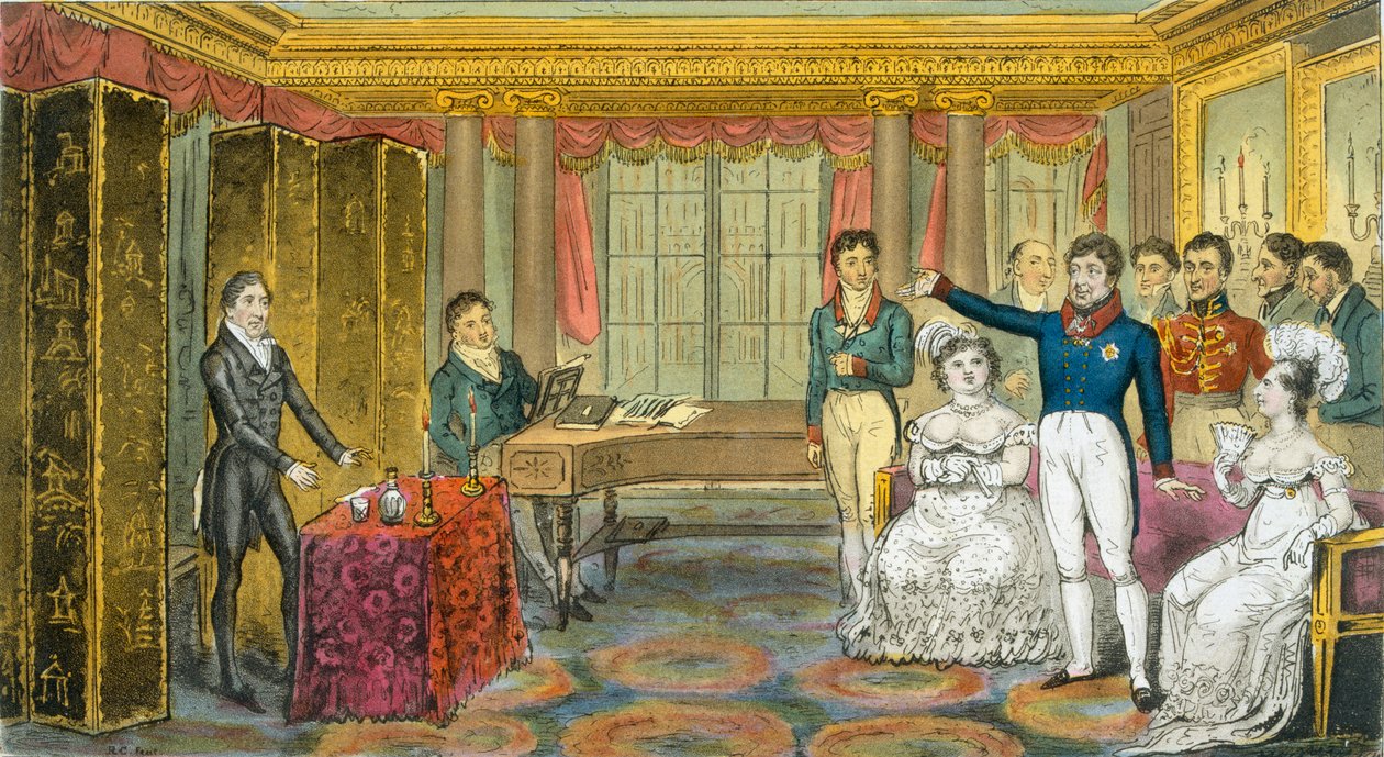 Rei George IV em Carlton House, de &39;The English Spy&39;, de Charles Westmacott, publicado em 1825 (litografia a cores) de Isaac Robert Cruikshank