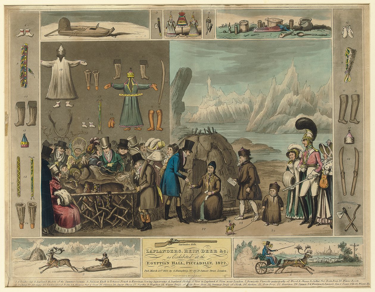Lapões, renas etc., conforme exibido no Egyptian Hall, Piccadilly, 1822 de Isaac Robert Cruikshank