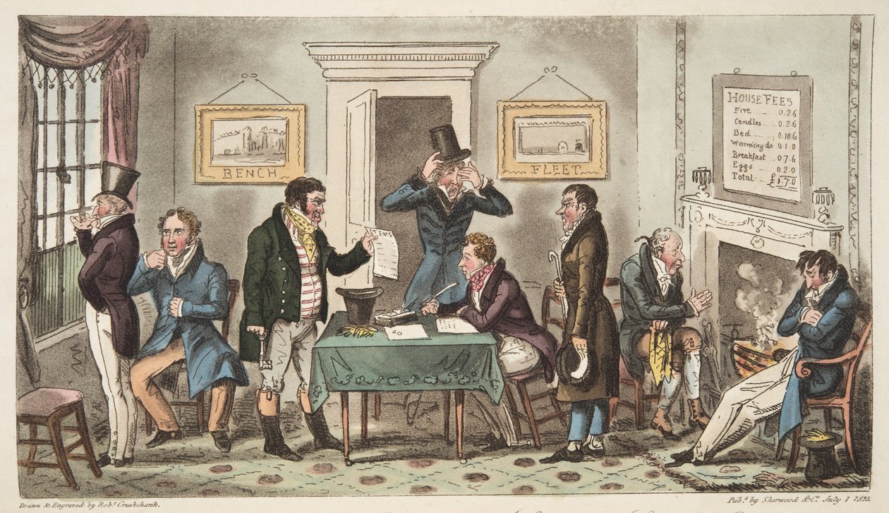 Morning and in Low Spirits, uma cena de Lock Up em uma Spunging House, Carey Street, um pouco de Good Truth, de The English Spy, publicada em Londres, 1824 de Isaac Robert Cruikshank