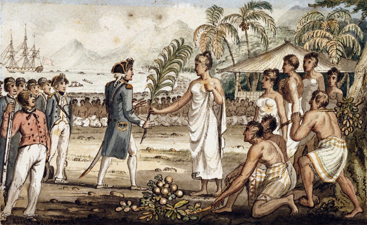 Oatehite, ilustração de "As Viagens do Capitão Cook" de Isaac Robert Cruikshank