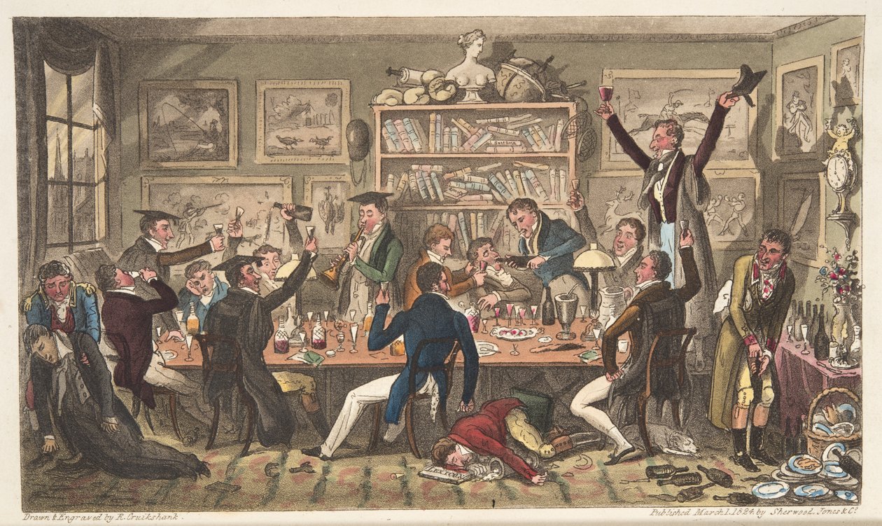 Oxford Transports, ou University Exiles, do The English Spy, publicou Londres, 1824 (gravura colorida à mão) de Isaac Robert Cruikshank