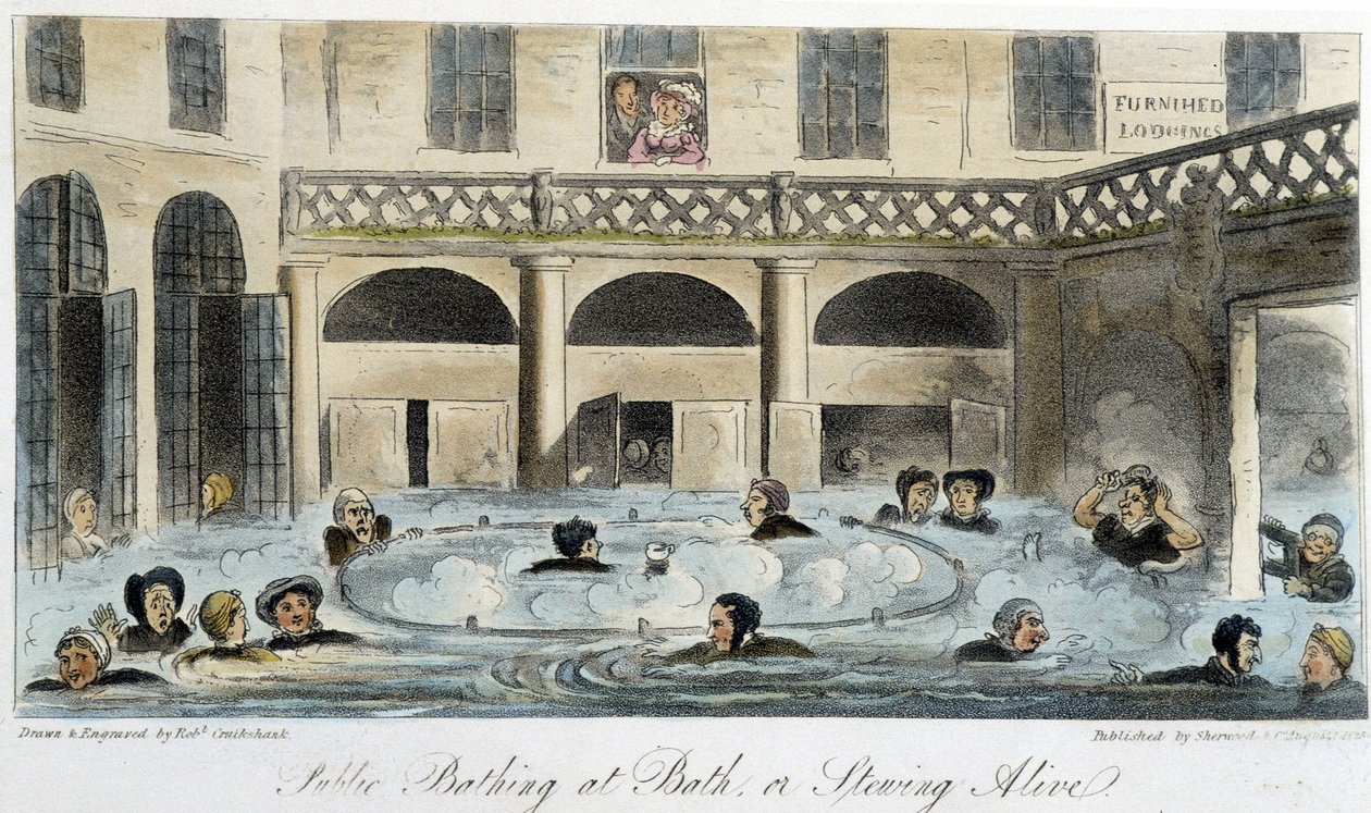 Banho público em Londres - em "The English Spy", de Charles Molloy Westmacott, desenho de Robert Cruikshank, edição Londres de Isaac Robert Cruikshank