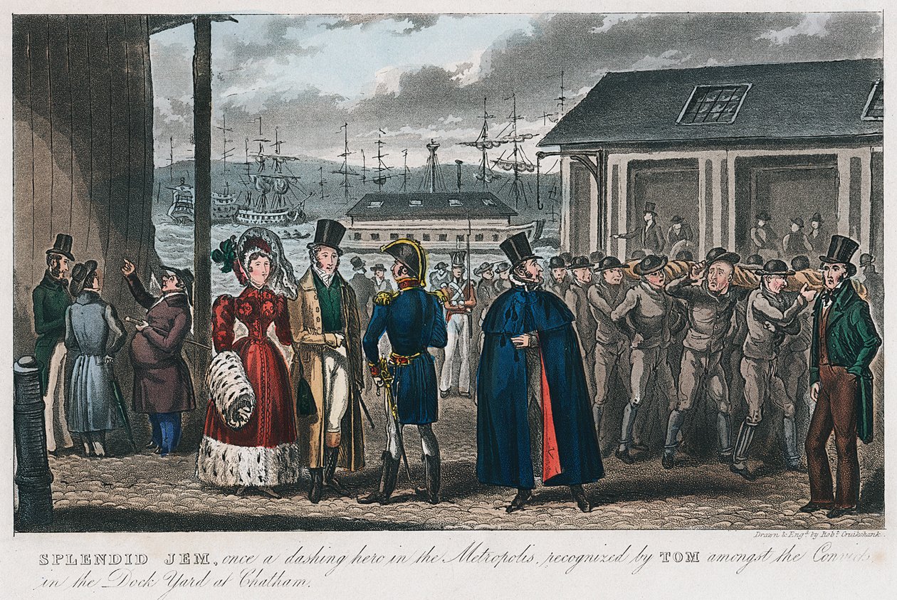 Esplêndido Jem entre os condenados no estaleiro naval de Chatham, Kent, 1821 de Isaac Robert Cruikshank