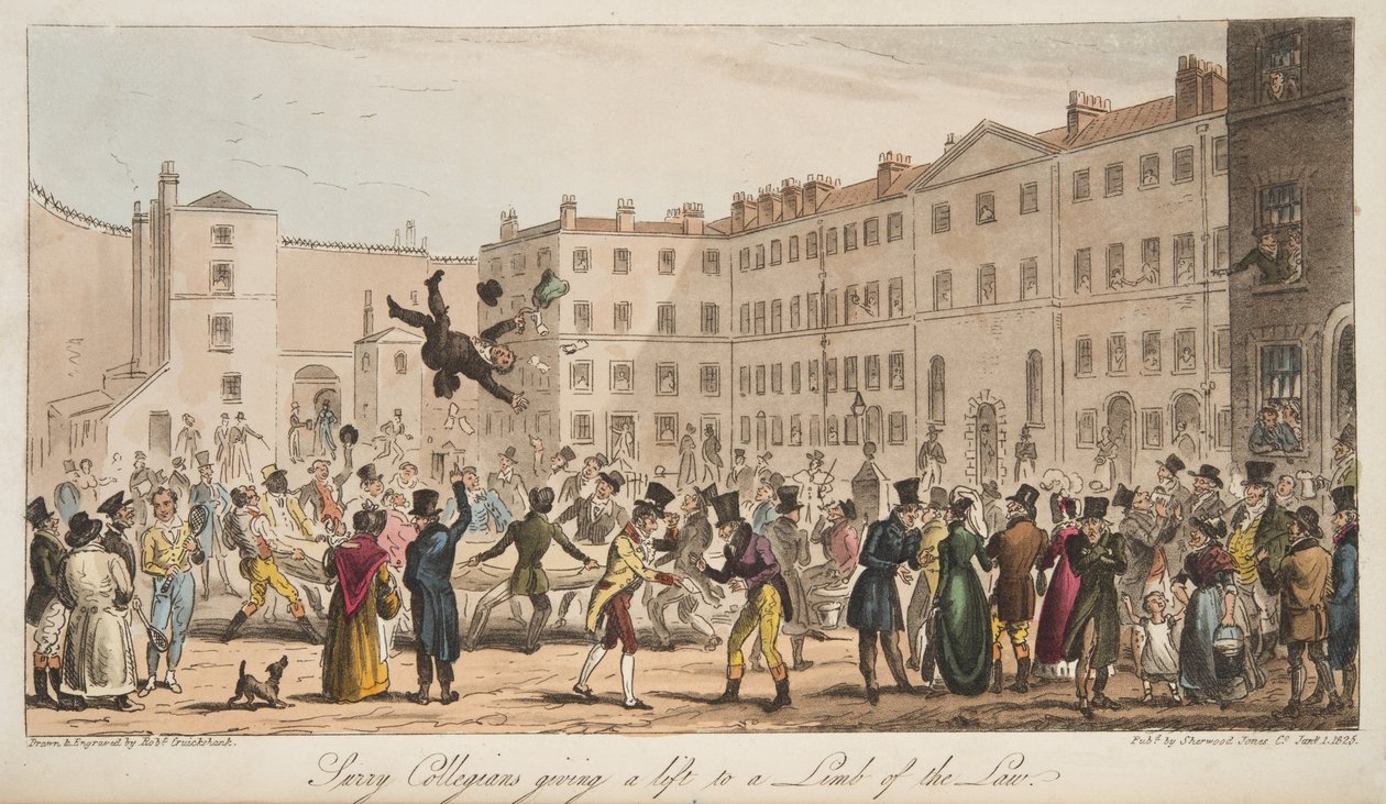 Surrey Collegians dando uma carona para um Limb of the Law, do The English Spy, publicado em Londres, 1824 de Isaac Robert Cruikshank