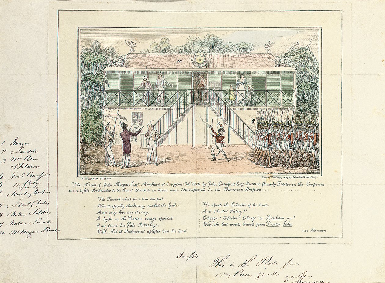 The Arrest of John Morgan, Esq., Merchant, Singapore, outubro de 1824, por John Crawford Esq., Residente, Ex-Doctor on the Companies Service, Late Ambassador to the Court, Bangkok, Siam, and Umrapoorah, Império Birmanês, maio de 1827 de Isaac Robert Cruikshank