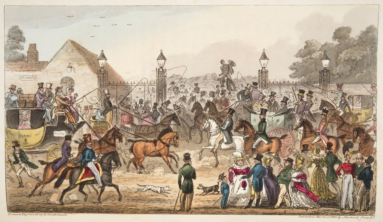 A chegada, ou entrada ocidental na terra do Cockney, do espião inglês publicou 1824, (gravura colorida mão) de Isaac Robert Cruikshank