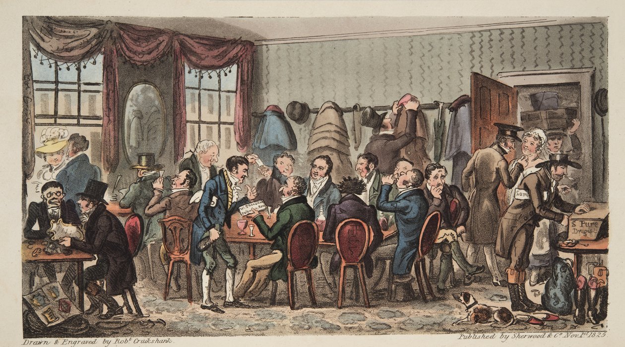 The Bags, Mens Banquet no Bell Inn, Cheltenham, do The English Spy, pub. 1824 (gravura colorida à mão) de Isaac Robert Cruikshank