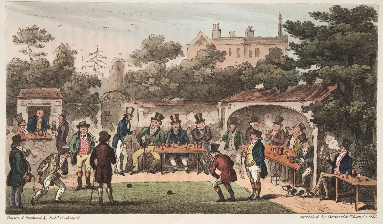 O Bowling Alley, Worcester, ou Personagens da Mão e Glove Club, do The English Spy, publicou Londres, 1824 (gravura colorida à mão) de Isaac Robert Cruikshank
